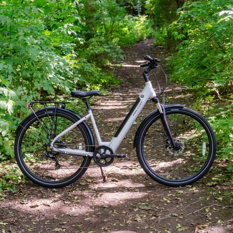 Falcon Horizon Low Step Electric Hybrid Bike Side Profile Woodland